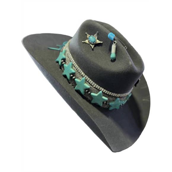 NEW ART BY AMY LABBE women's fedora hat in turquoise star grey - Picture 1 of 3